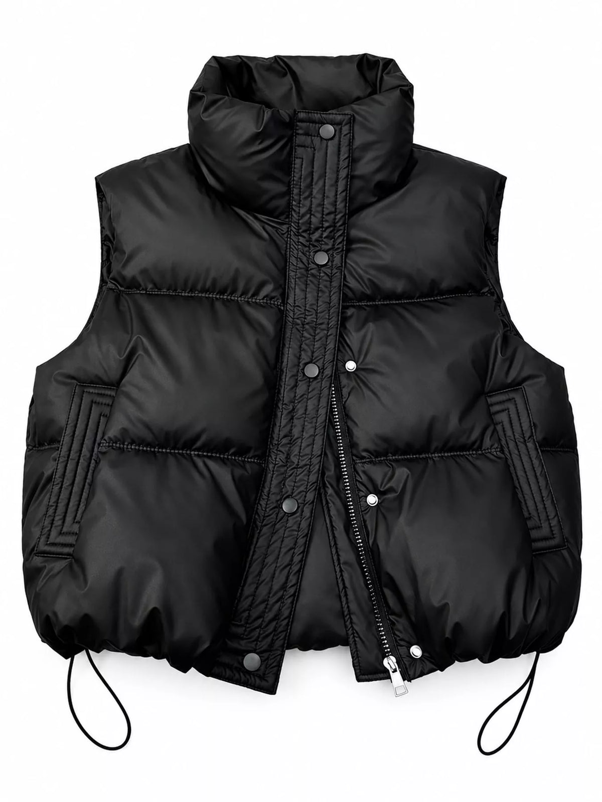 Drawstring Snap Down Puffer Vest Coat