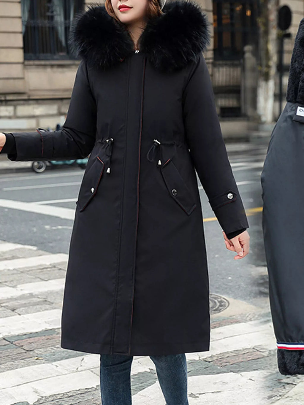 Detachable Longline Hooded Parka with Faux Fur Trim and Drawstring Waist