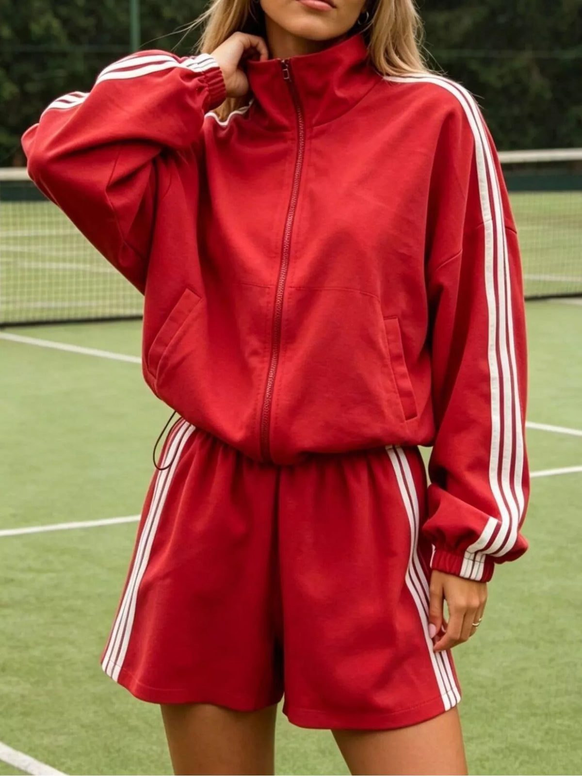 Side Stripe Detail Cropped Sporty Jacket and Shorts Set