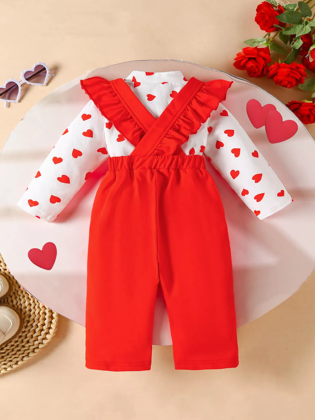 Children's Heart Print Top and Suspender Pants Set