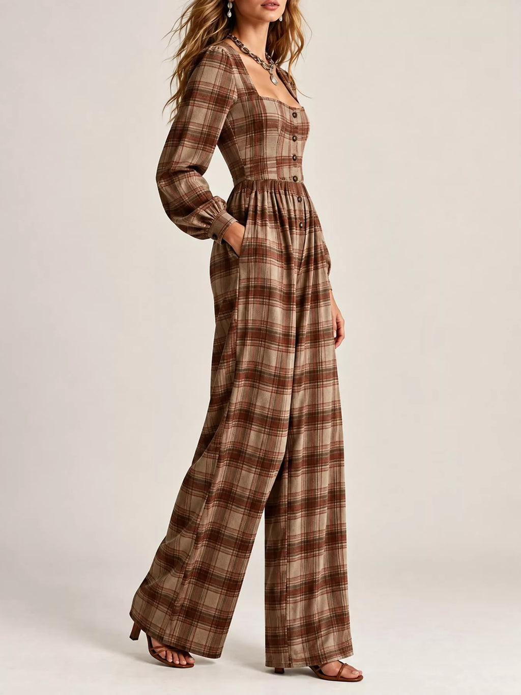 Plaid Square Neck Long Sleeve Wide-Leg Jumpsuit