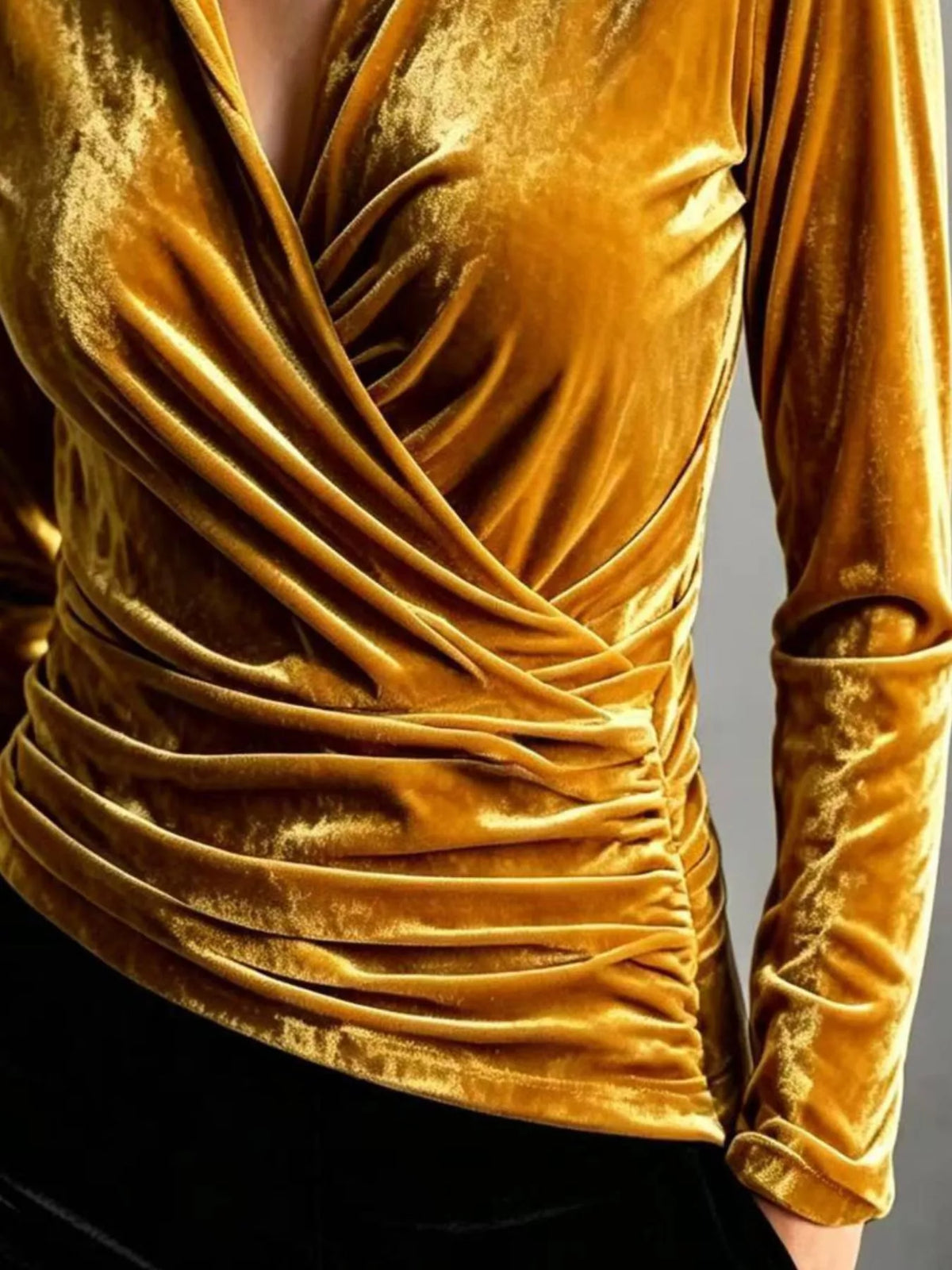Full Size Velvet Wrap Blouse with Ruched Detail Plus Size