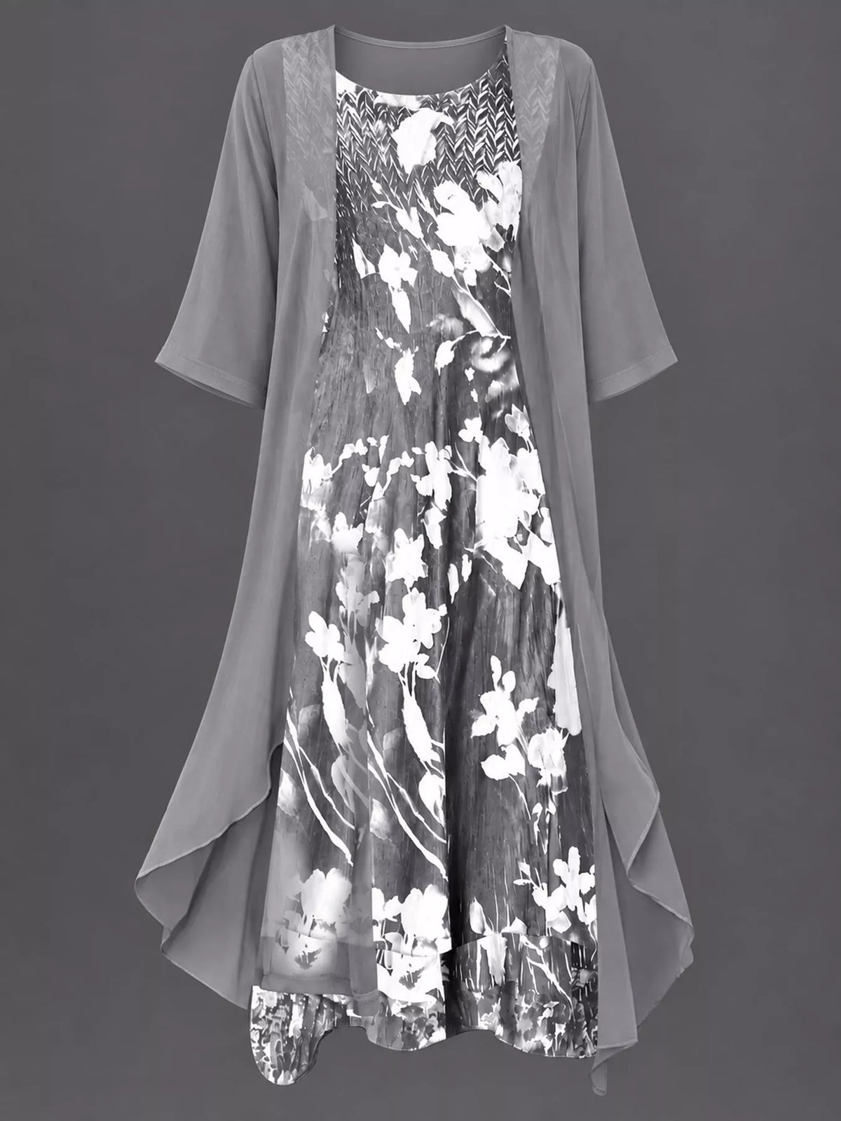 Full Size Floral Print Midi Dress and Chiffon Cardigan Set Plus Size