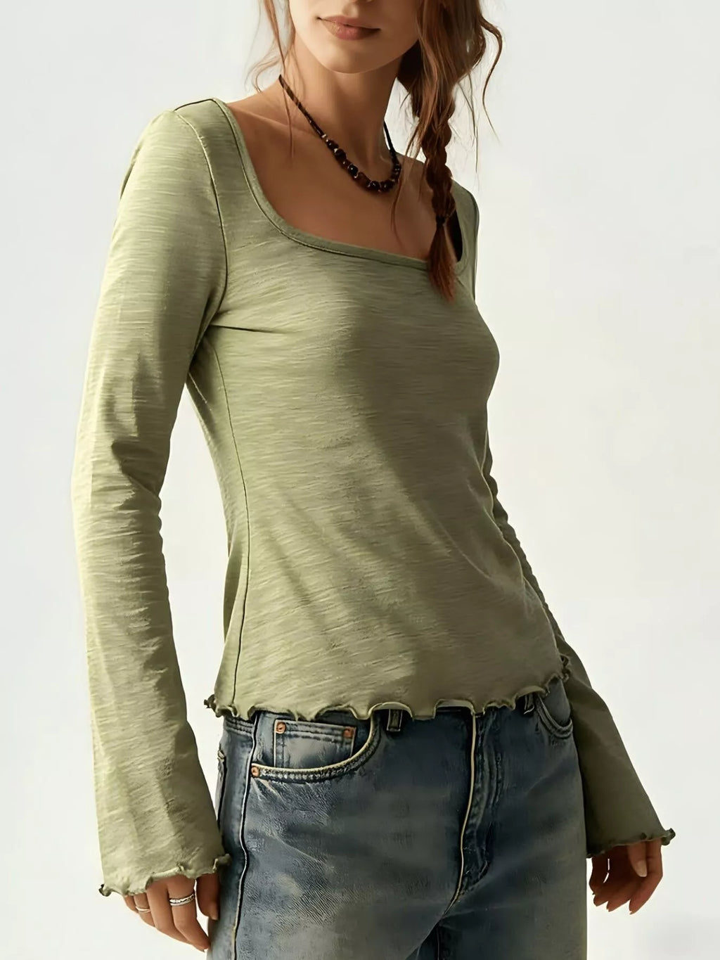 Long Sleeve Square Neck Slim-Fit T-Shirt