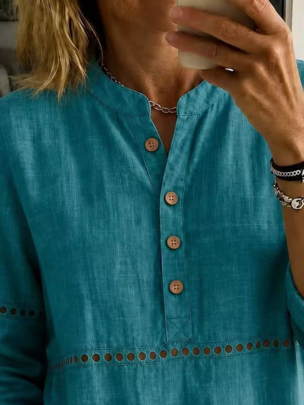 Full Size Button Detail Eyelet Long Sleeve Blouse Plus Size