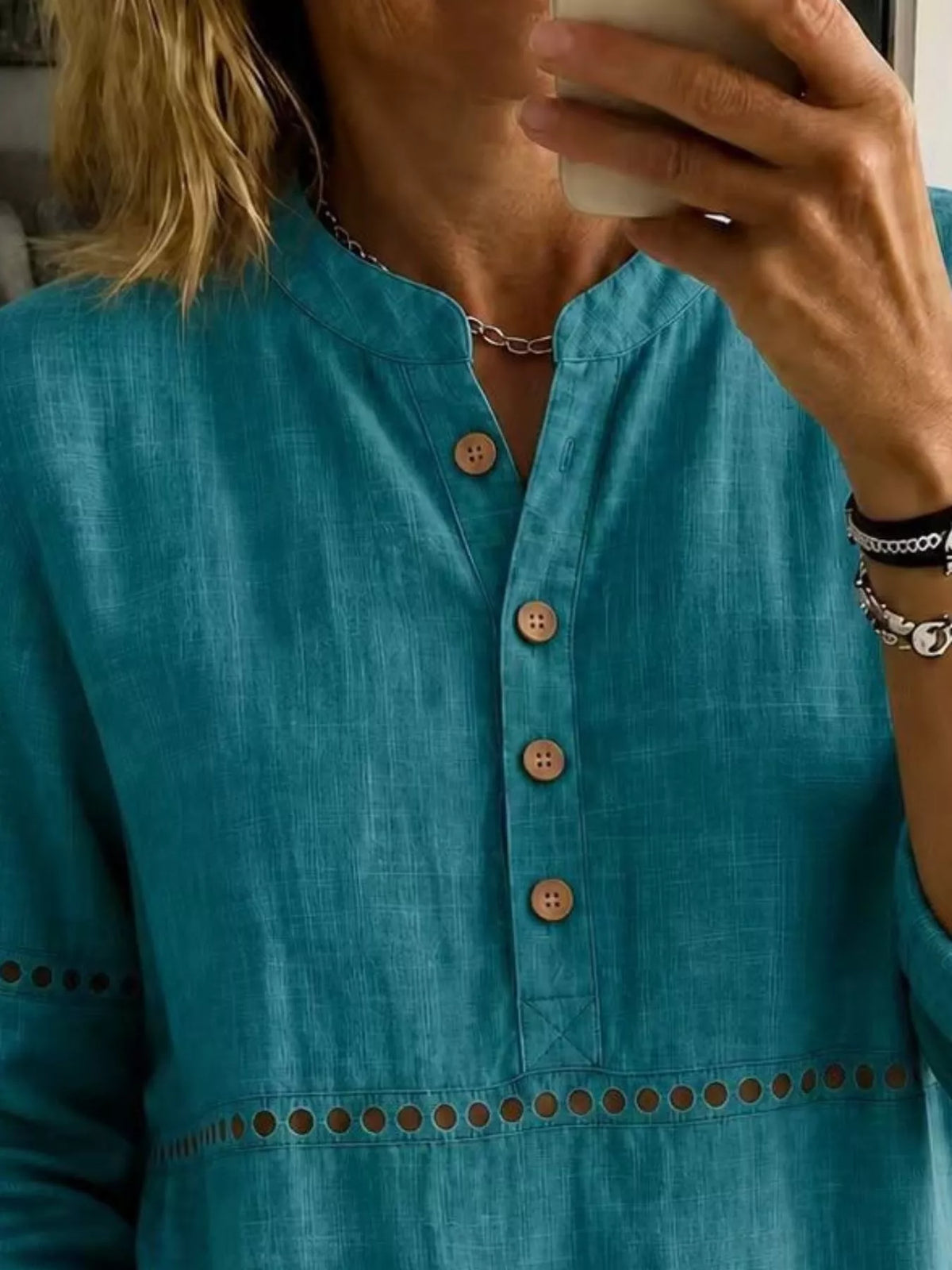 Full Size Button Detail Eyelet Long Sleeve Blouse Plus Size