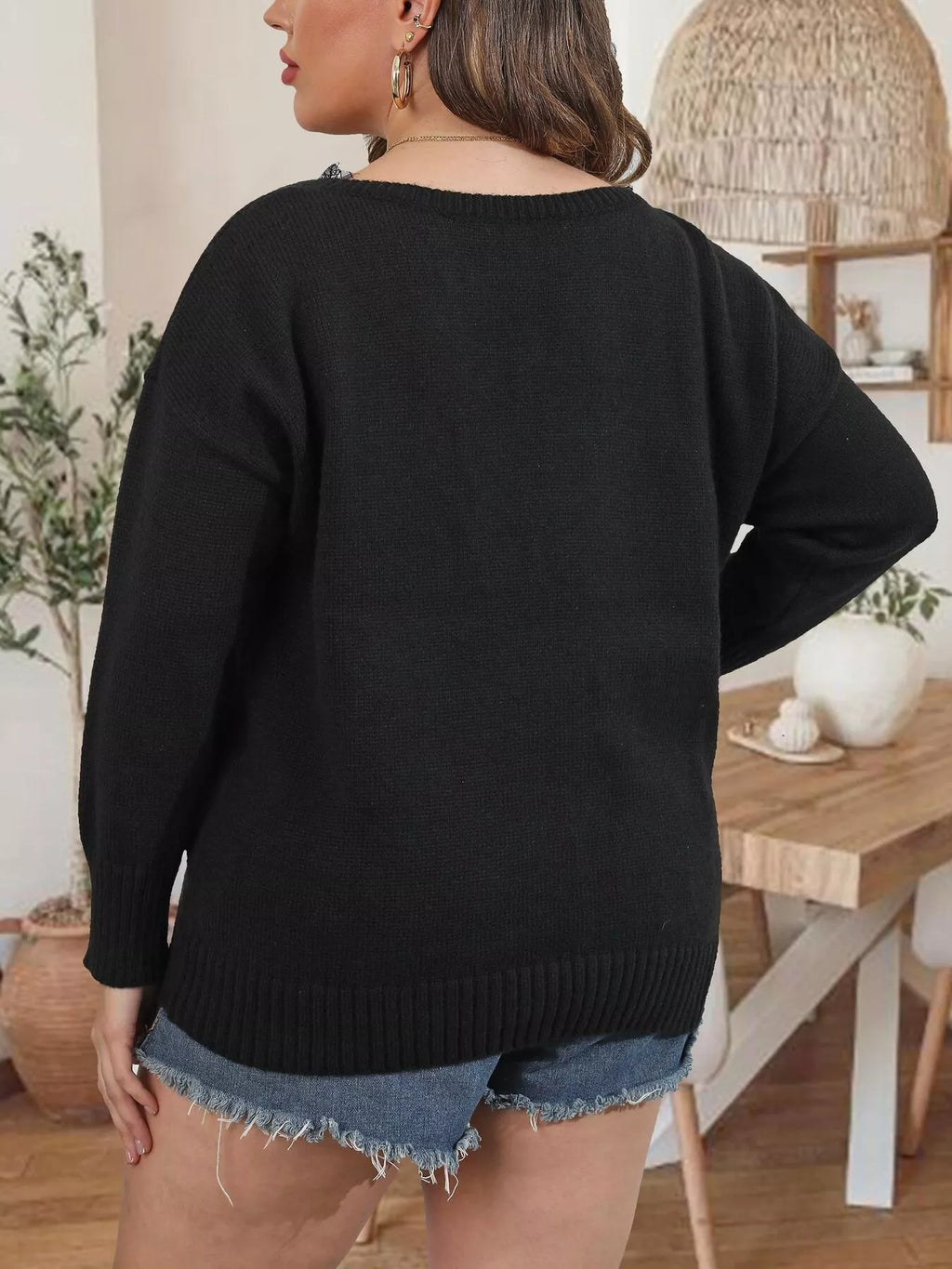 Plus Size Lace Trim V-Neck Sweater