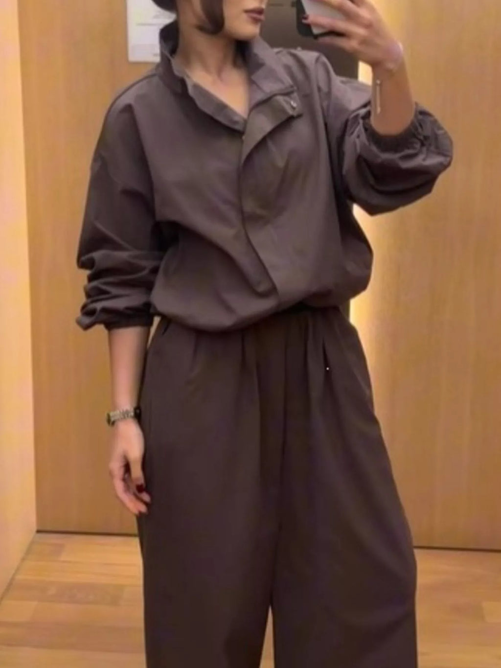 Drawstring Hem Crop Jacket and Wide-Leg Pant Set
