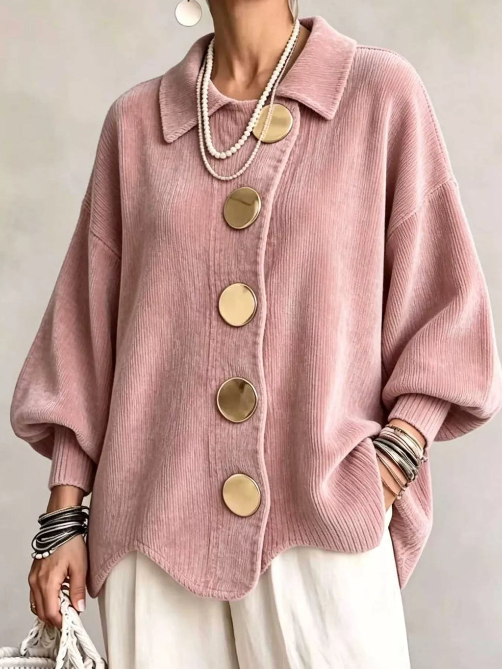 Full Size Ribbed Knit Gold Buttons Cardigan Plus Size