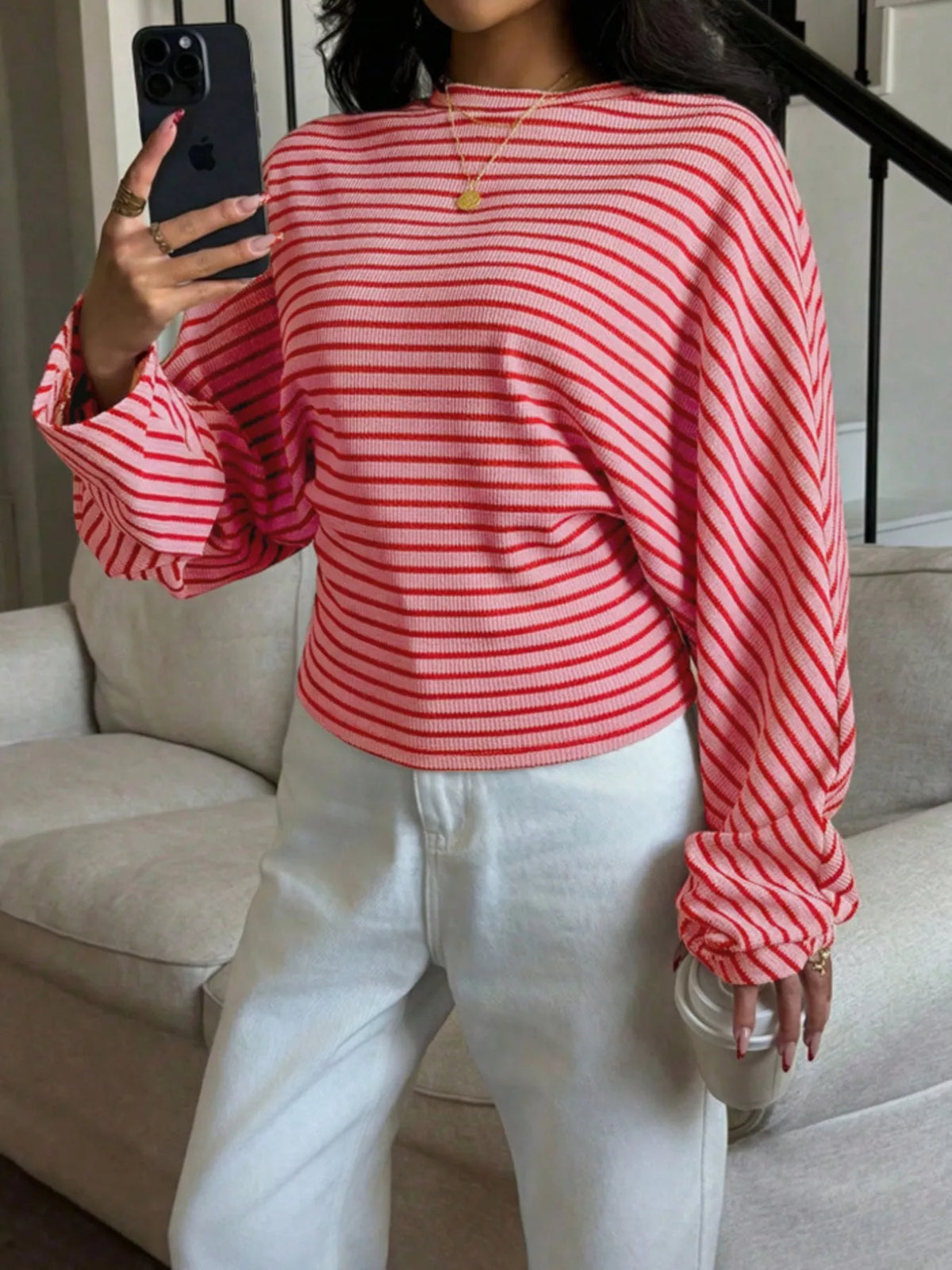 Casual Striped Long Sleeve Batwing T-Shirt