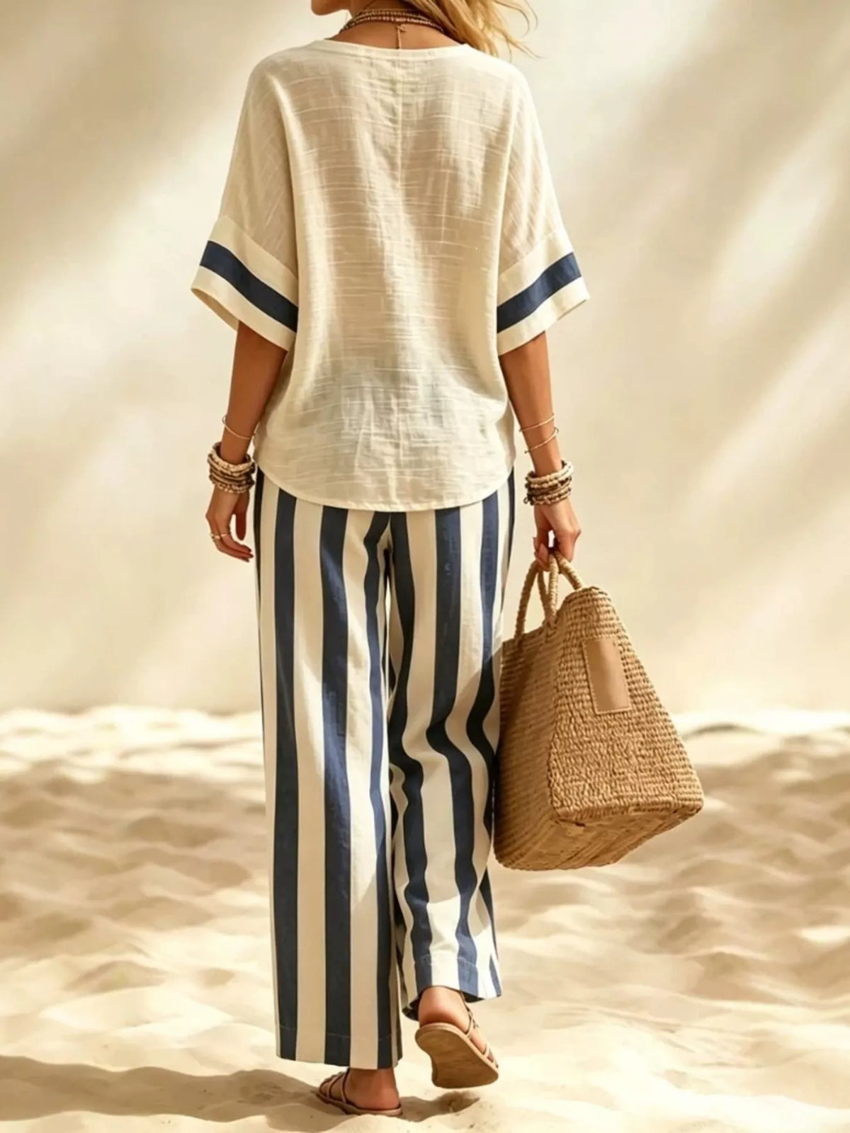 Full Size Striped Half Sleeve Top and Pants Set Plus Size