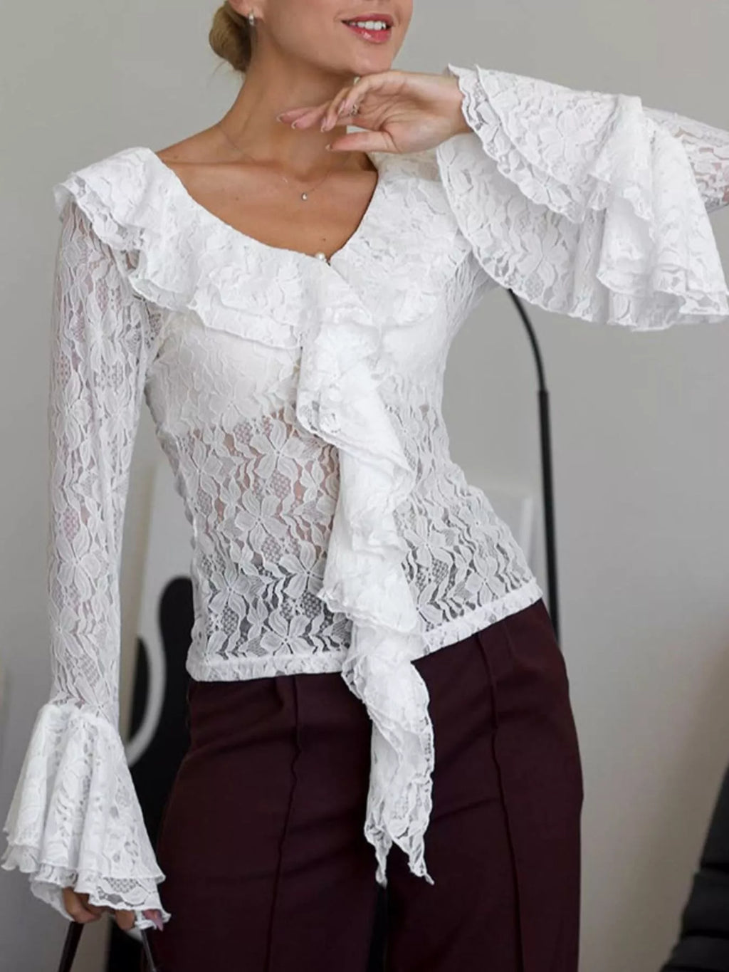 Lace V-Neck Flare Sleeve Blouse