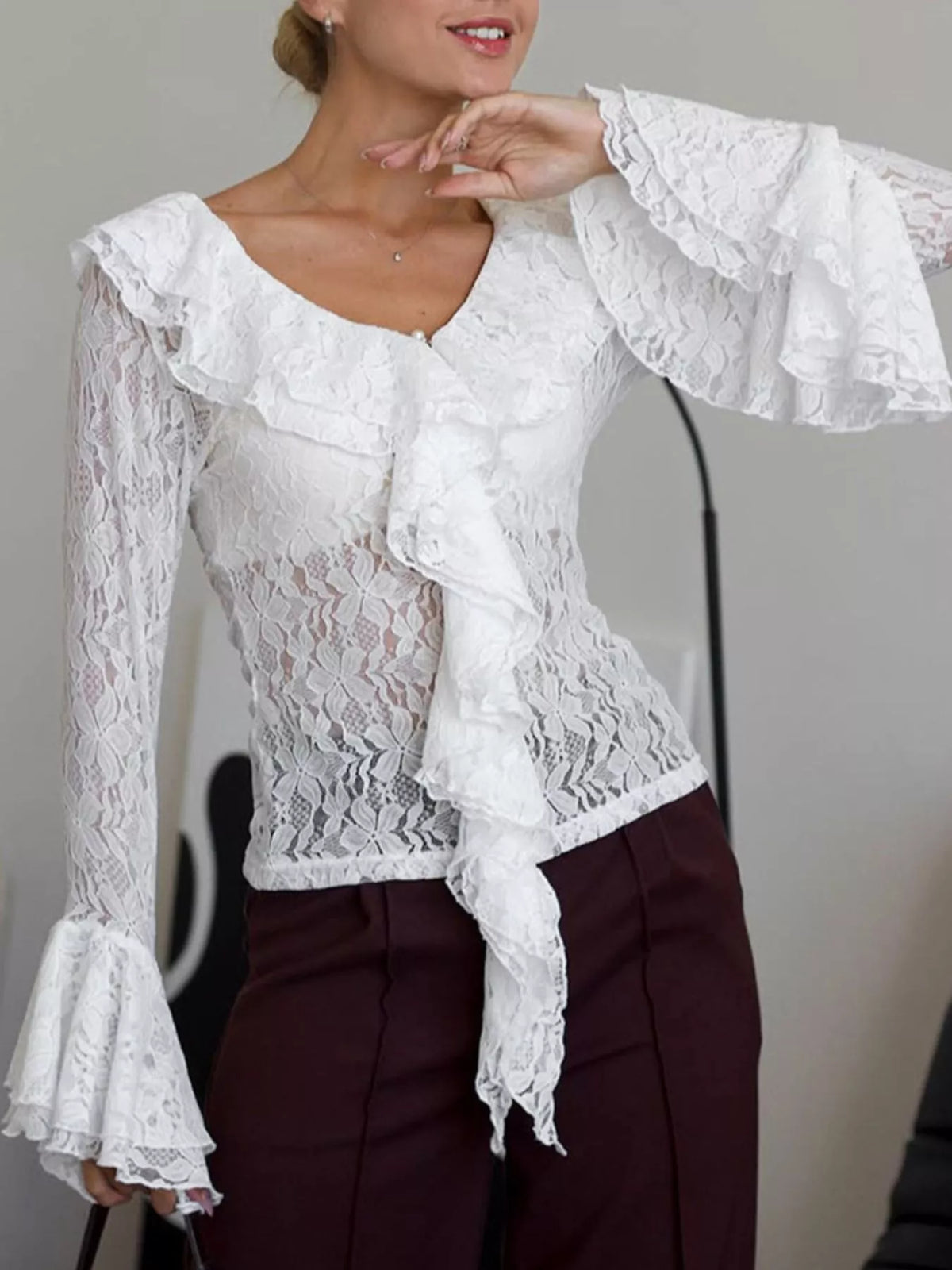 Lace V-Neck Flare Sleeve Blouse
