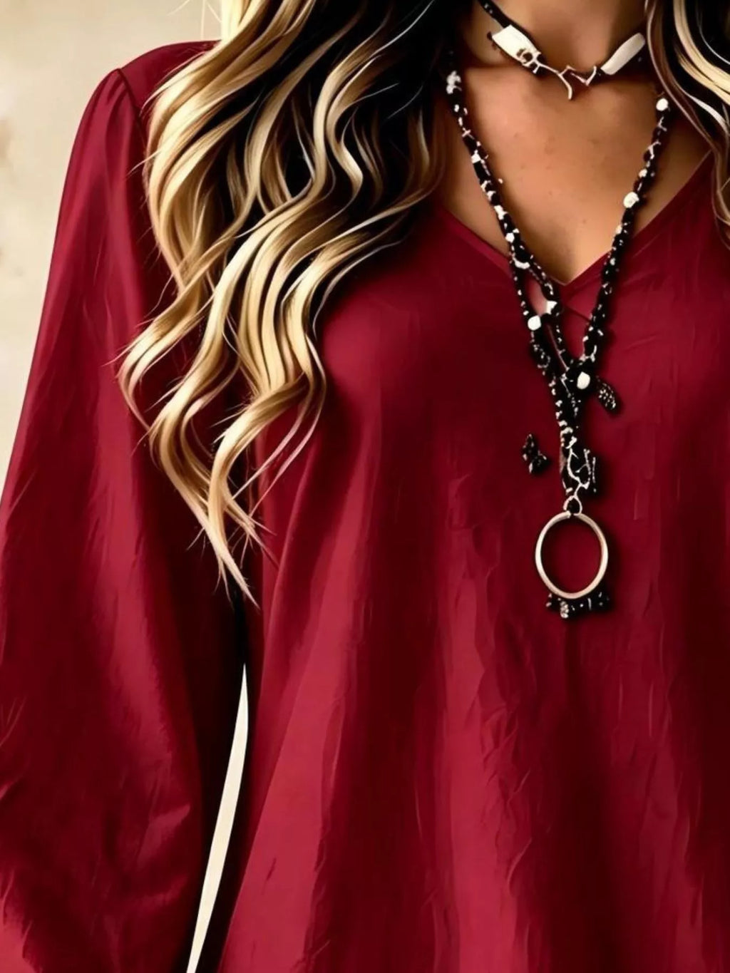 V-Neck Long Sleeve Ruffle Hem Lace Detail Dress