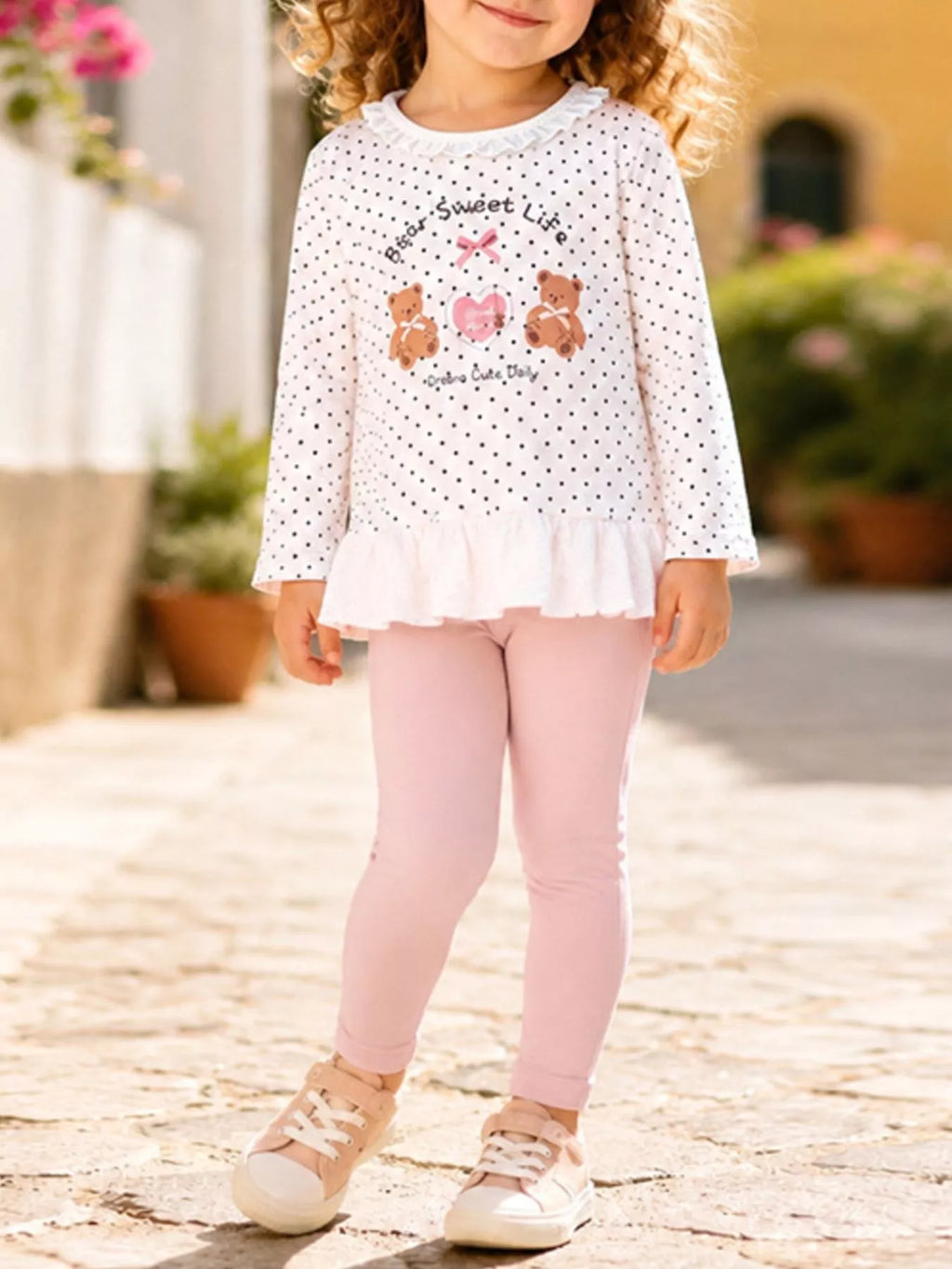 Children's Polka Dot Bear Long-Sleeve Top and Leggings Set