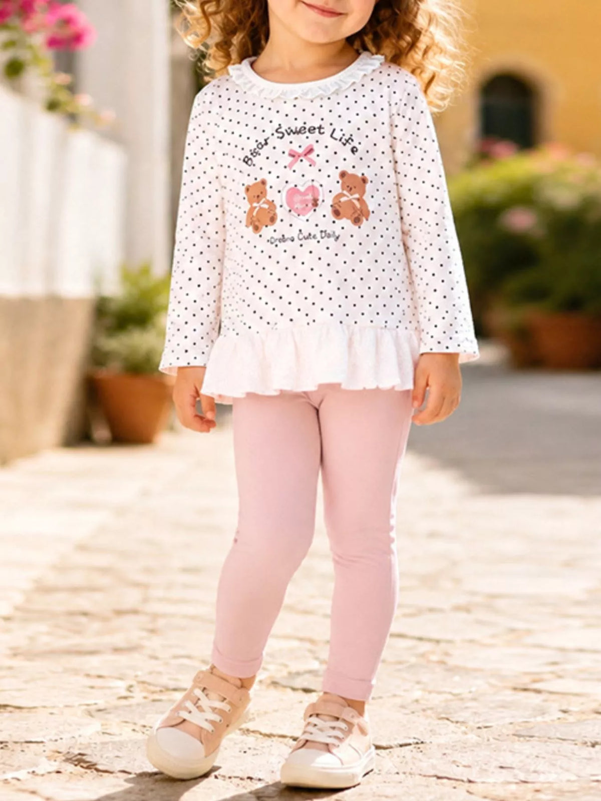 Children's Polka Dot Bear Long-Sleeve Top and Leggings Set