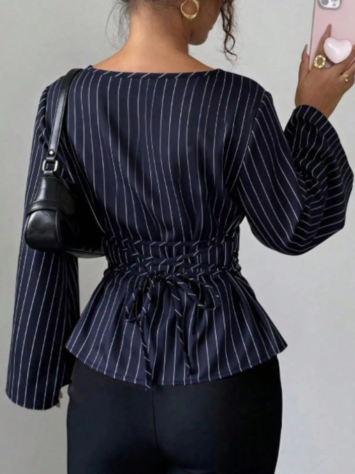 Elegant Pinstriped Bell Sleeve Blouse with Back Lace Up