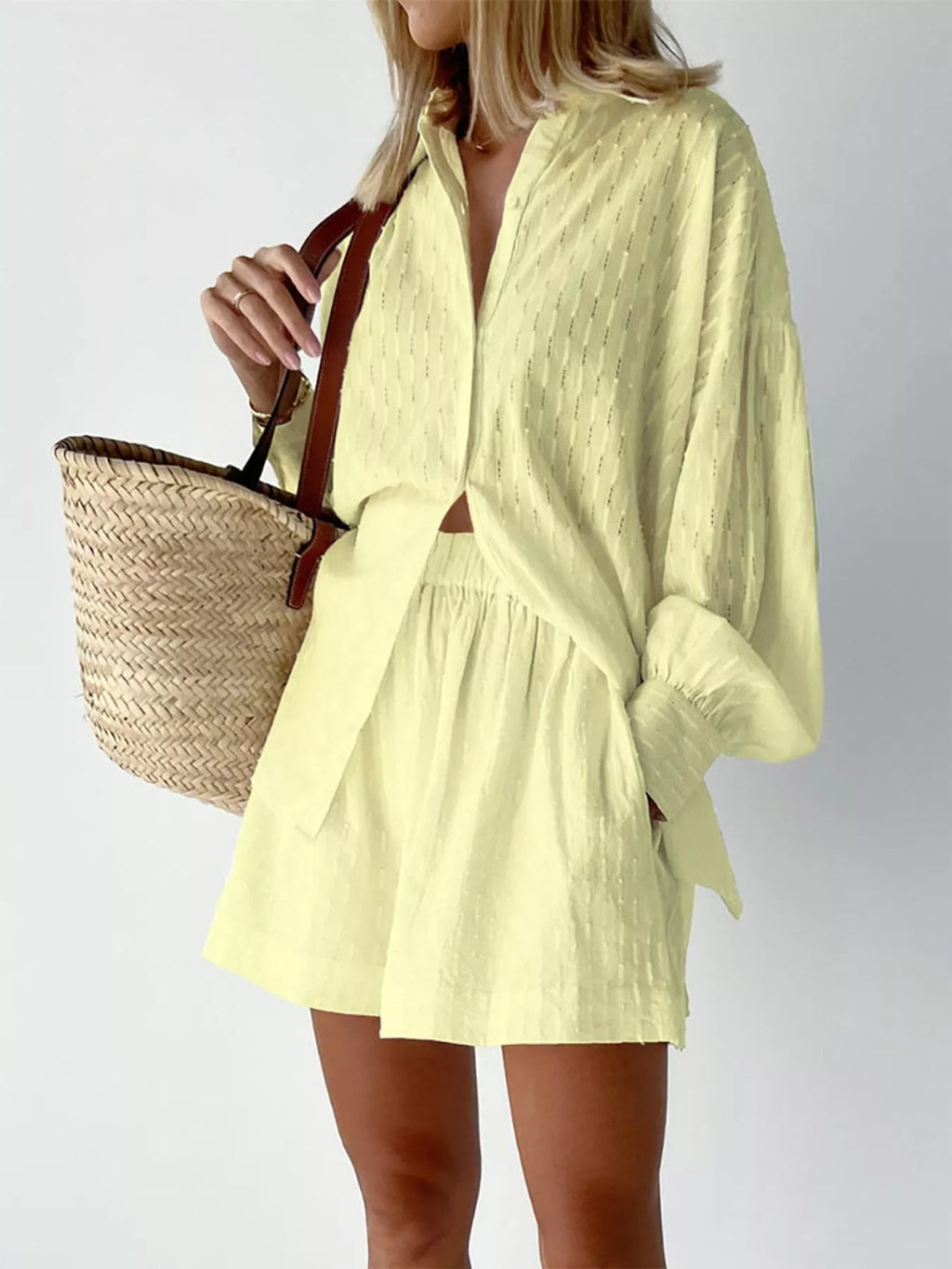 Textured Button-Down Shirt and Shorts Set