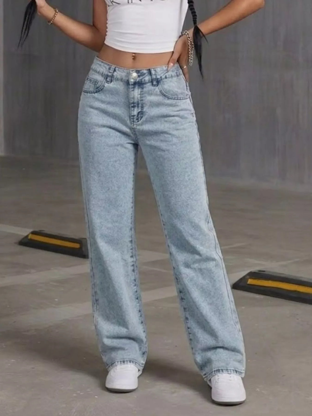 High-Waisted Acid Wash Straight Leg Jeans