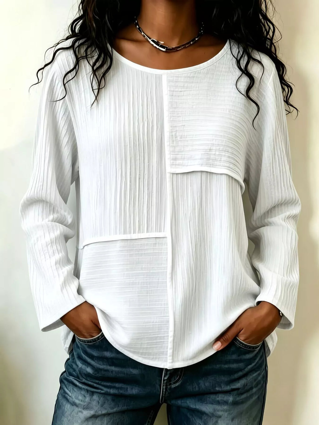 Textured Patchwork Long Sleeve Casual T-Shirt