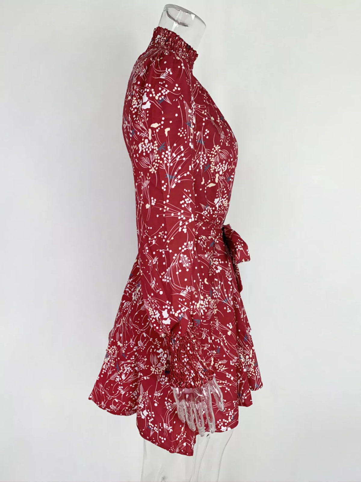 Plus Size Floral Print Mock Neck Long Sleeve Ruffle Hem Mini Dress