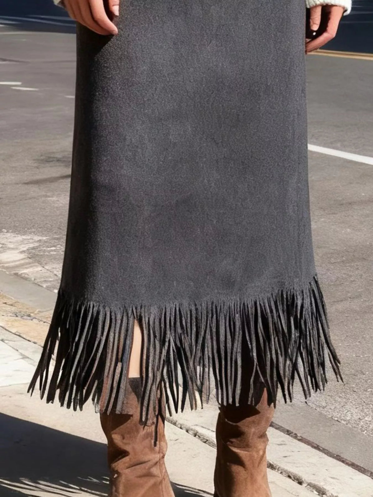 High-Waisted Suede Fringe Midi Skirt