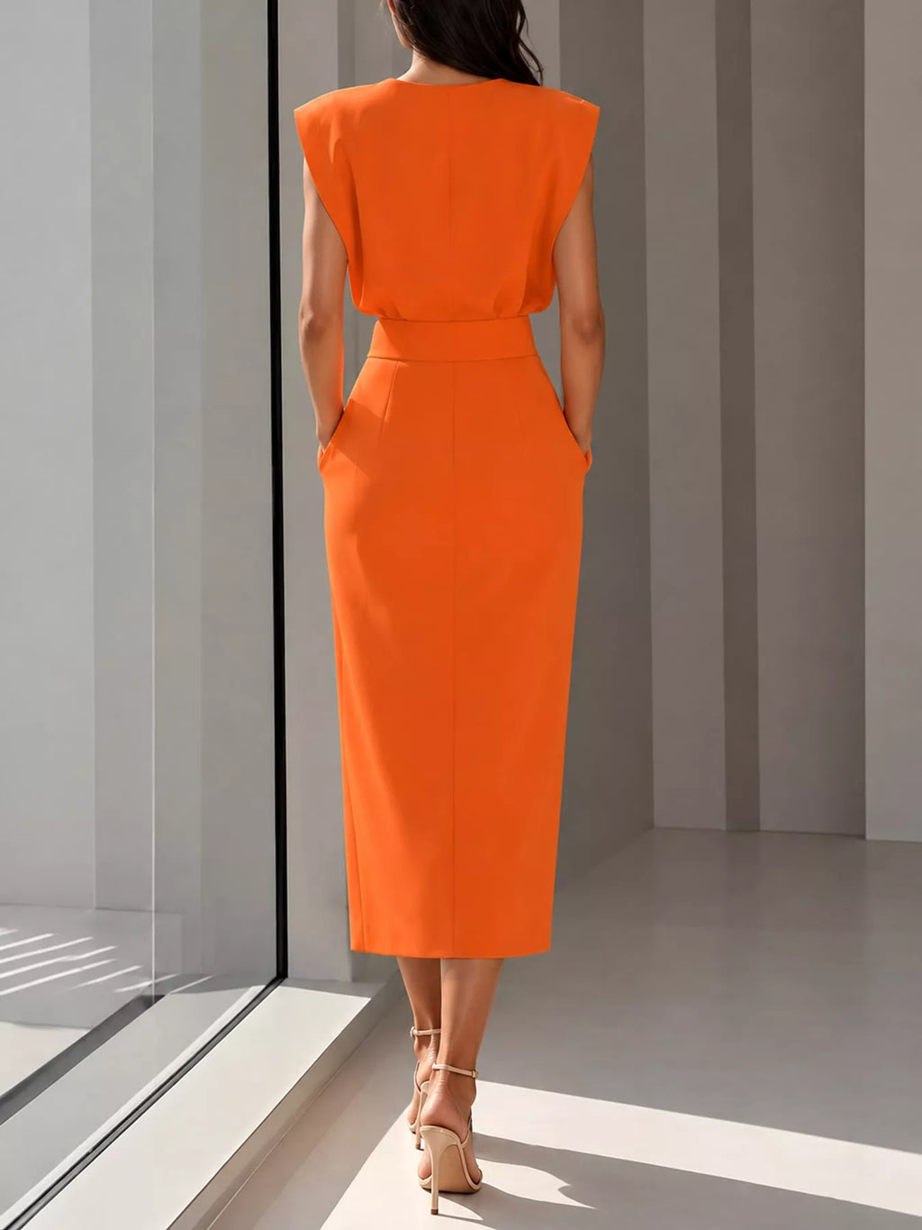 Sleeveless Midi Dress with Gold Button Detail and Side Slit