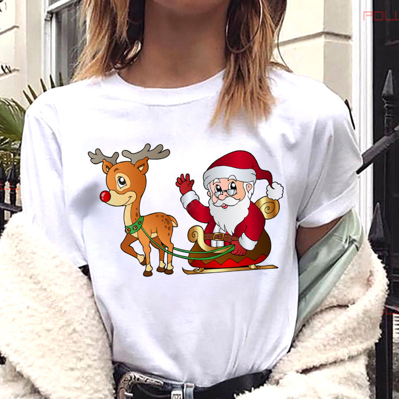 European And American Women's Clothing Merry Christmas Happy Short-sleeved T-shirt Women's Top Women's Round Neck