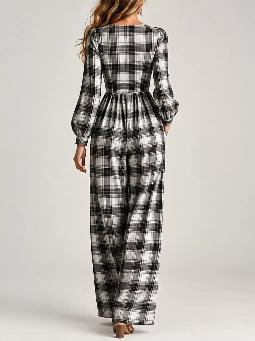 Plaid Square Neck Long Sleeve Wide-Leg Jumpsuit
