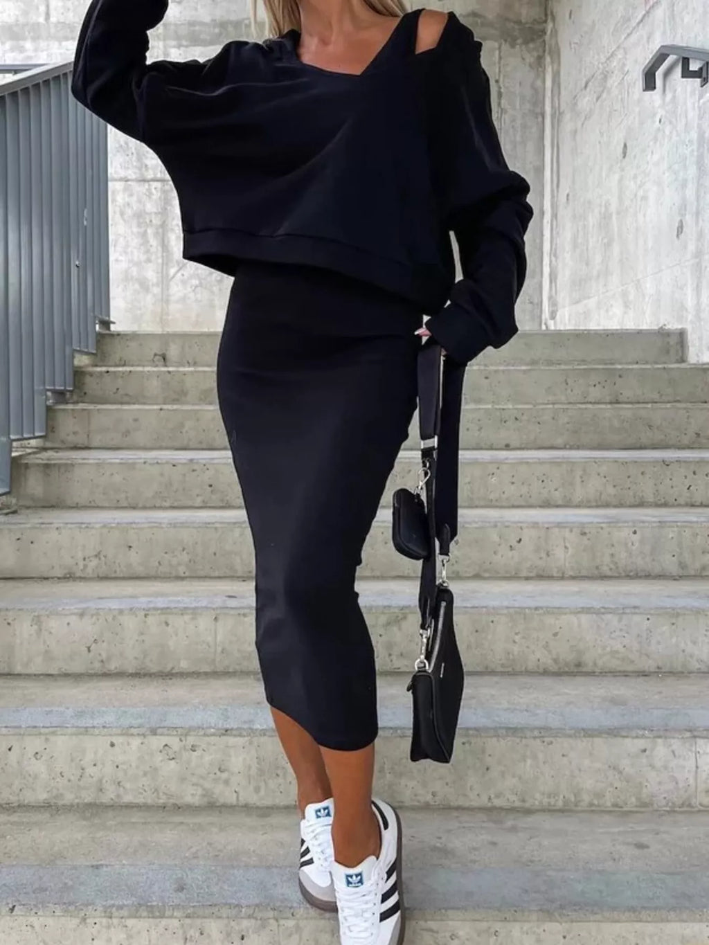 Solid Color Tank Dress and V-Neck Hoodie Set