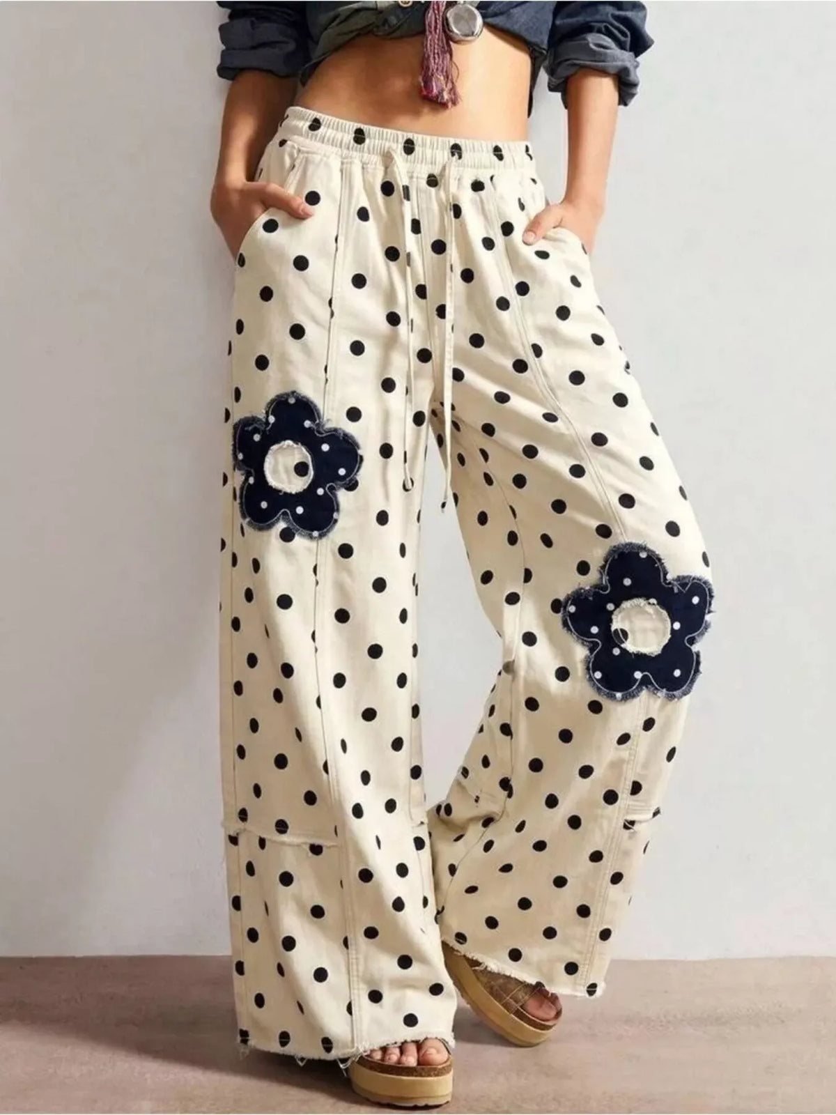 Floral Applique Polka Dot Wide-Leg Jeans