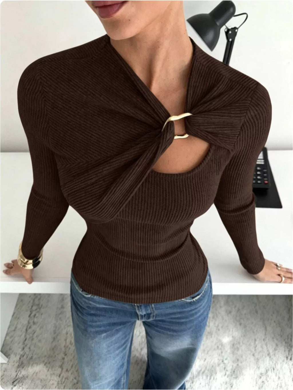 Ribbed Knit Long Sleeve T-Shirt with Metal Ring Cutout Detail
