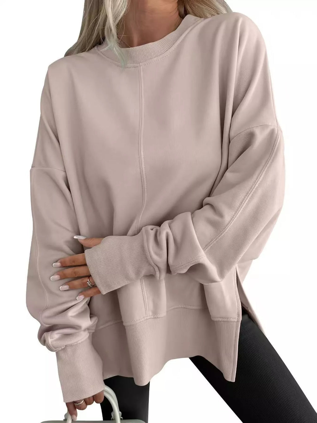 Oversized Crew Neck Sweatshirt with Side Slit