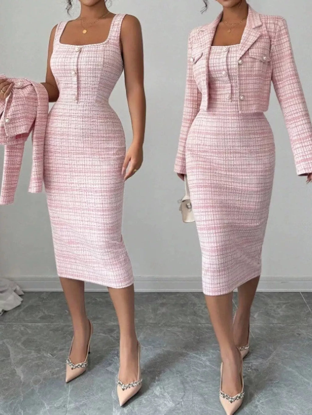 Tweed Square Neck Dress and Cardigan Set