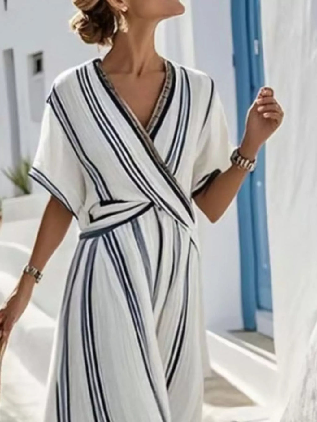 Full Size Striped Surplice Half Sleeve Midi Dress Plus Size