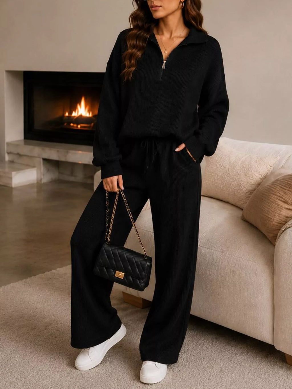 Ribbed Knit Quarter-Zip Top and Wide-Leg Pants Set