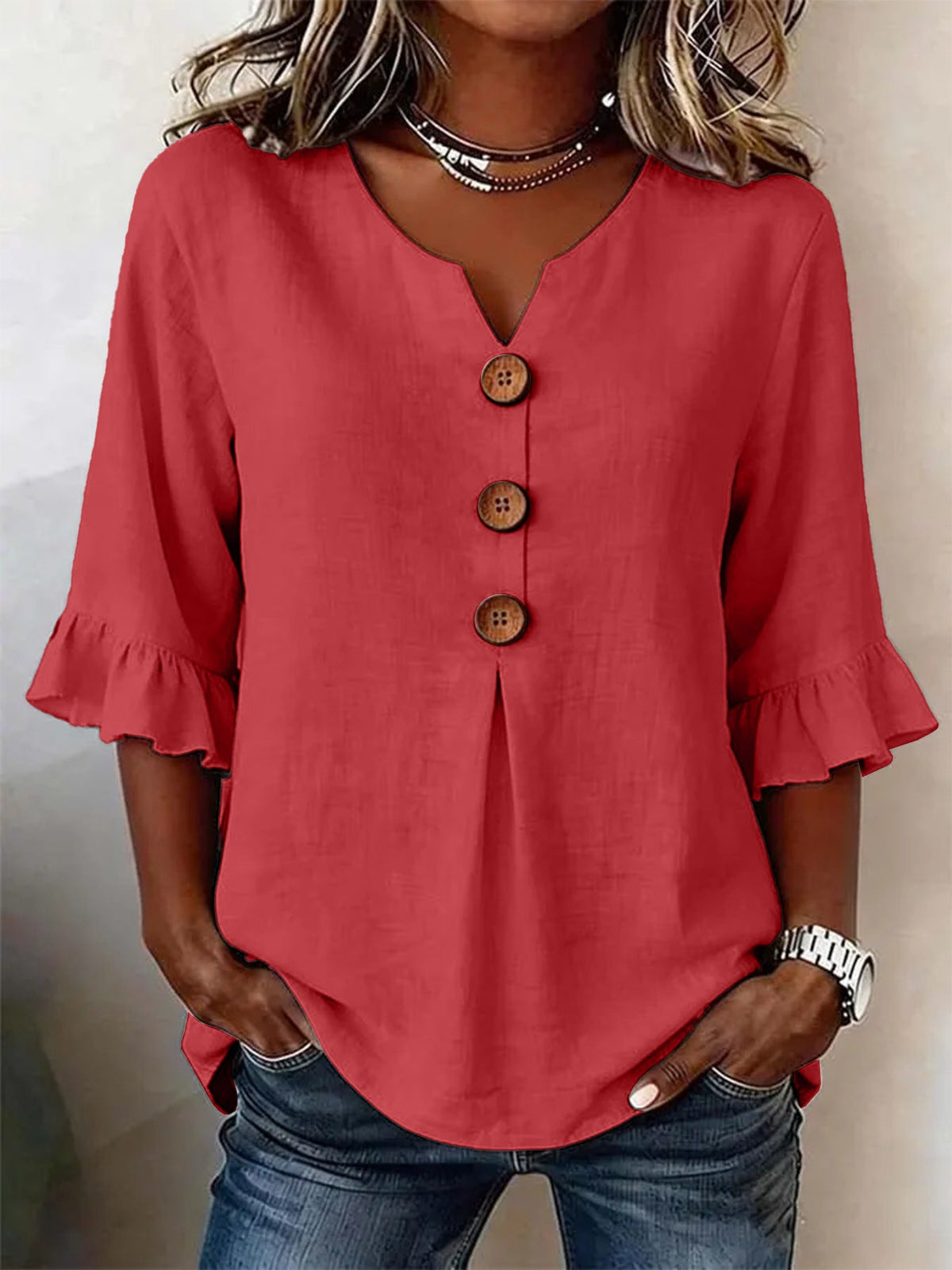 2026 Summer Women's V Neck Cotton Linen Button Up Shirt Solid Color Button Design  Short Sleeve