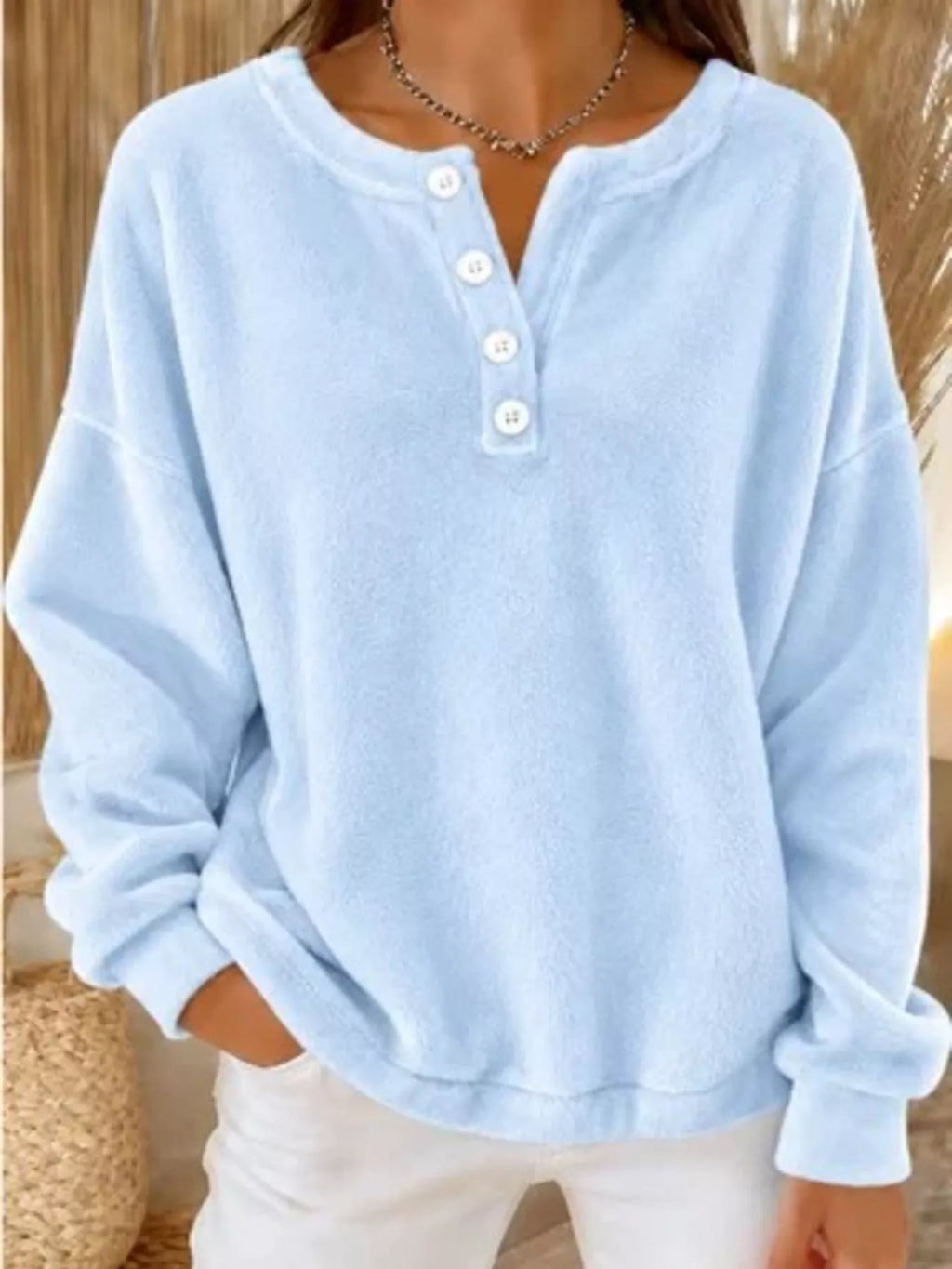 Button Detail Dropped Shoulder Sweatshirt