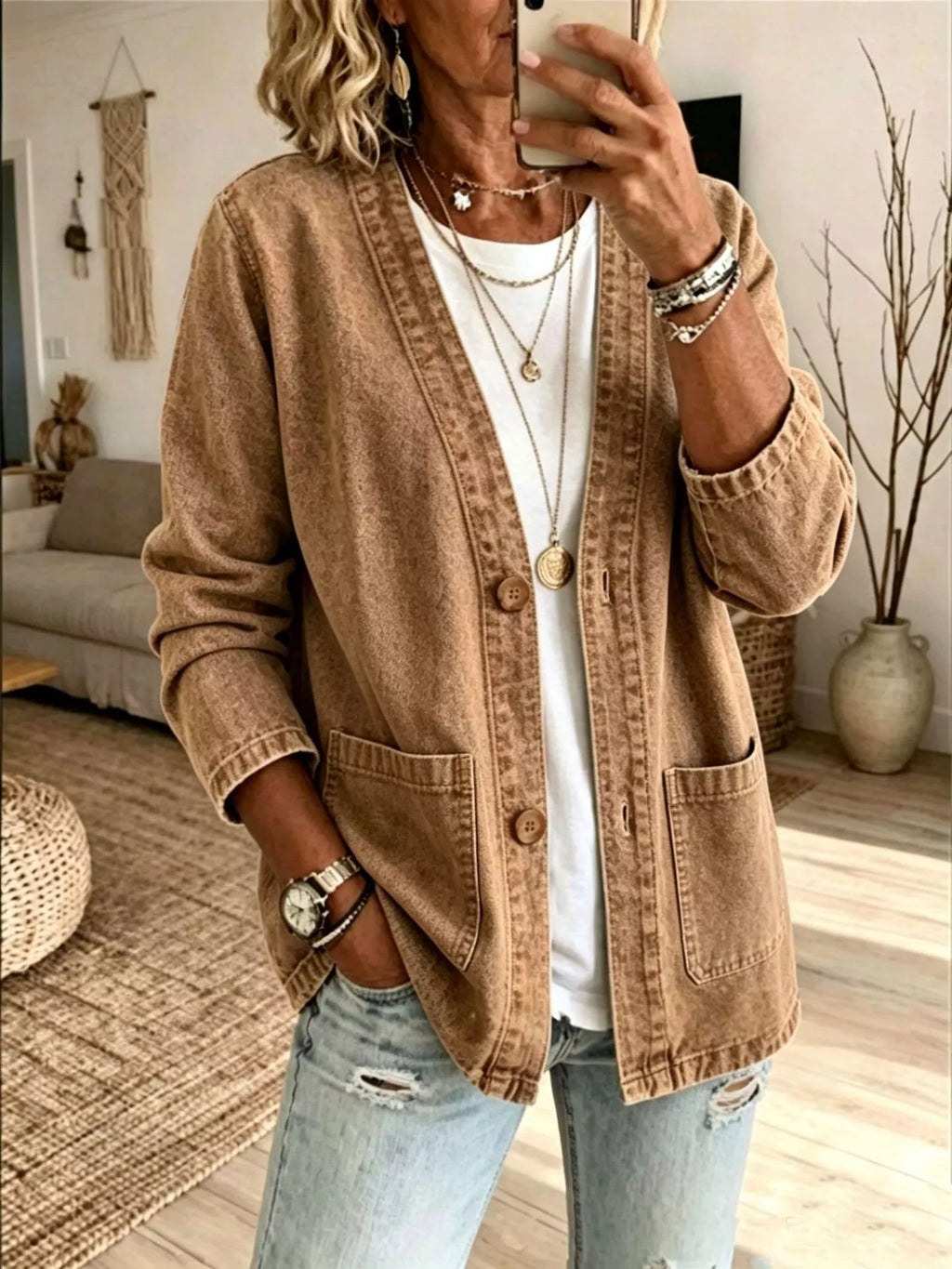 V-Neck Button-Down Denim Jacket