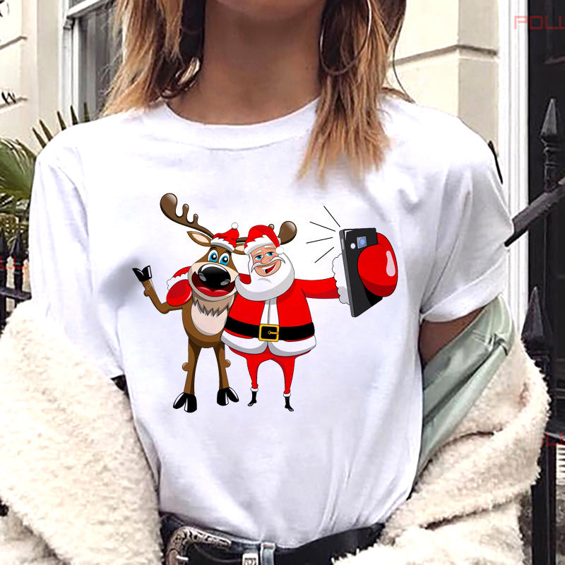 European And American Women's Clothing Merry Christmas Happy Short-sleeved T-shirt Women's Top Women's Round Neck