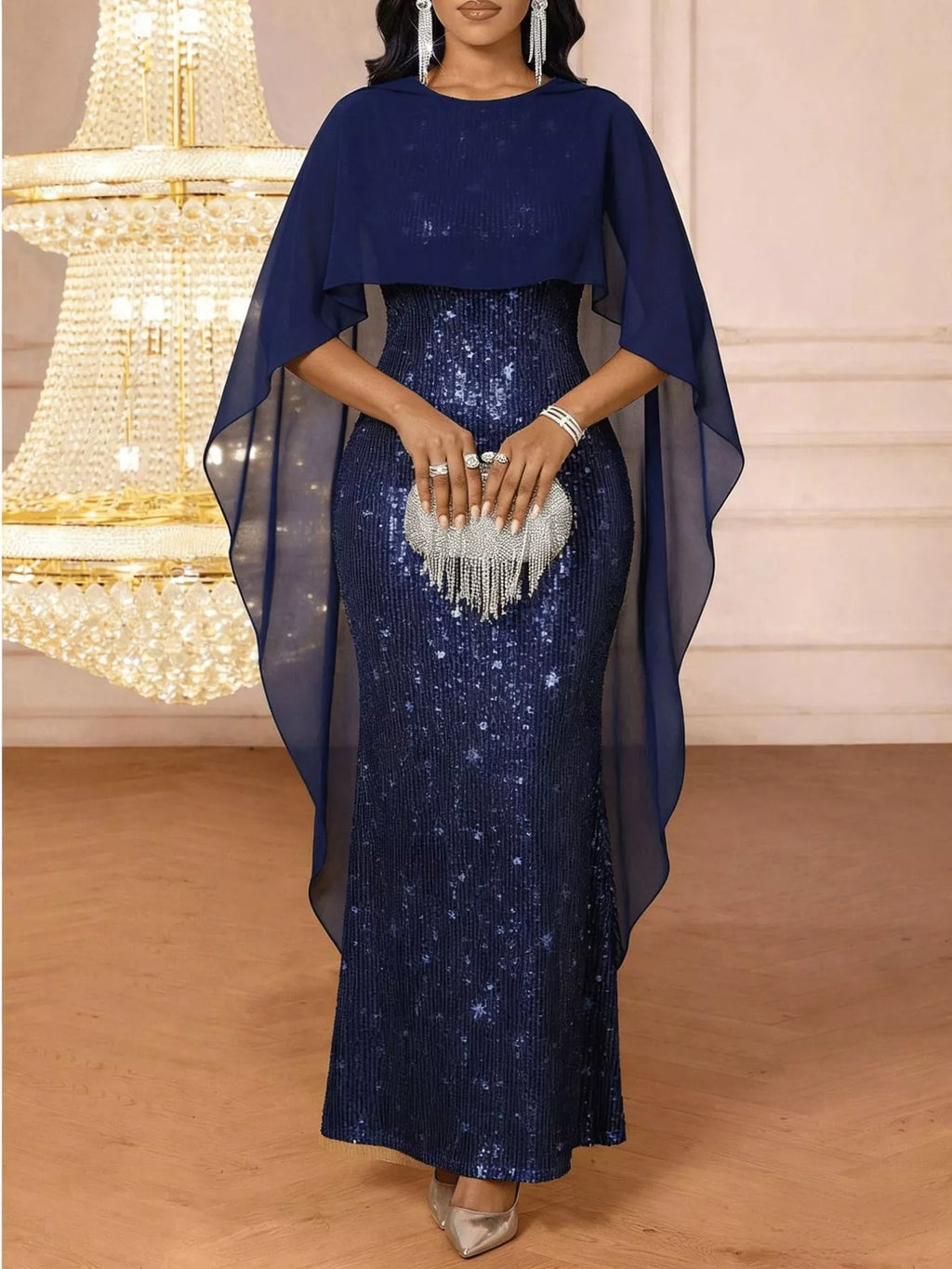 Sequin Cape Overlay Evening Dress