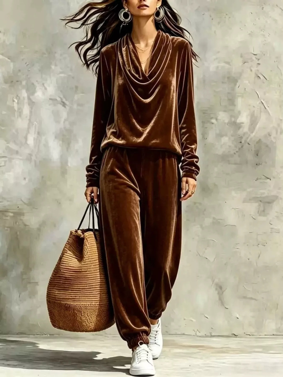 Full Size Velvet Cowl Neck Long Sleeve Top and Pants Set Plus Size
