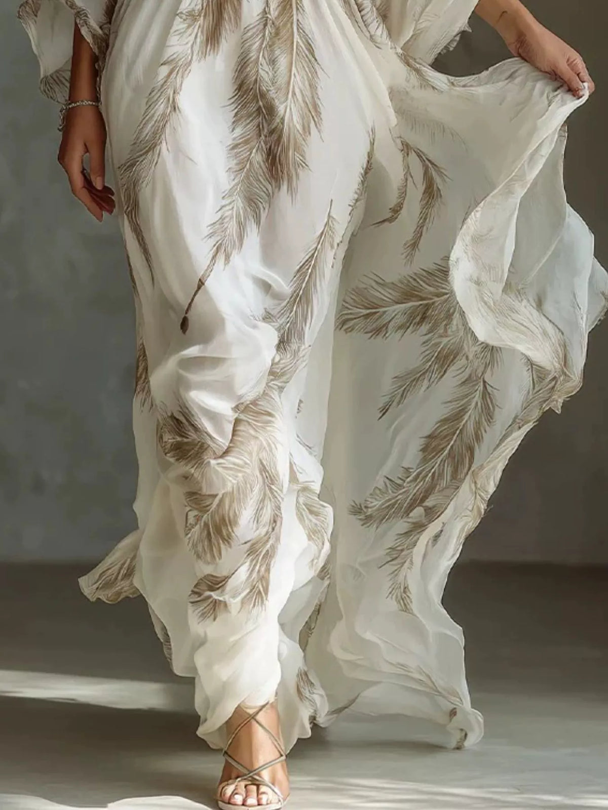 Full Size Feather Print V-Neck Flowy Maxi Dress Plus Size