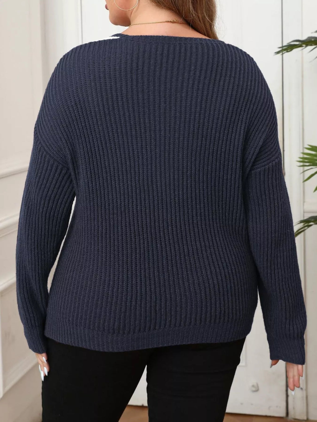 Plus Size Contrast Trim Button-Decorated Sweater