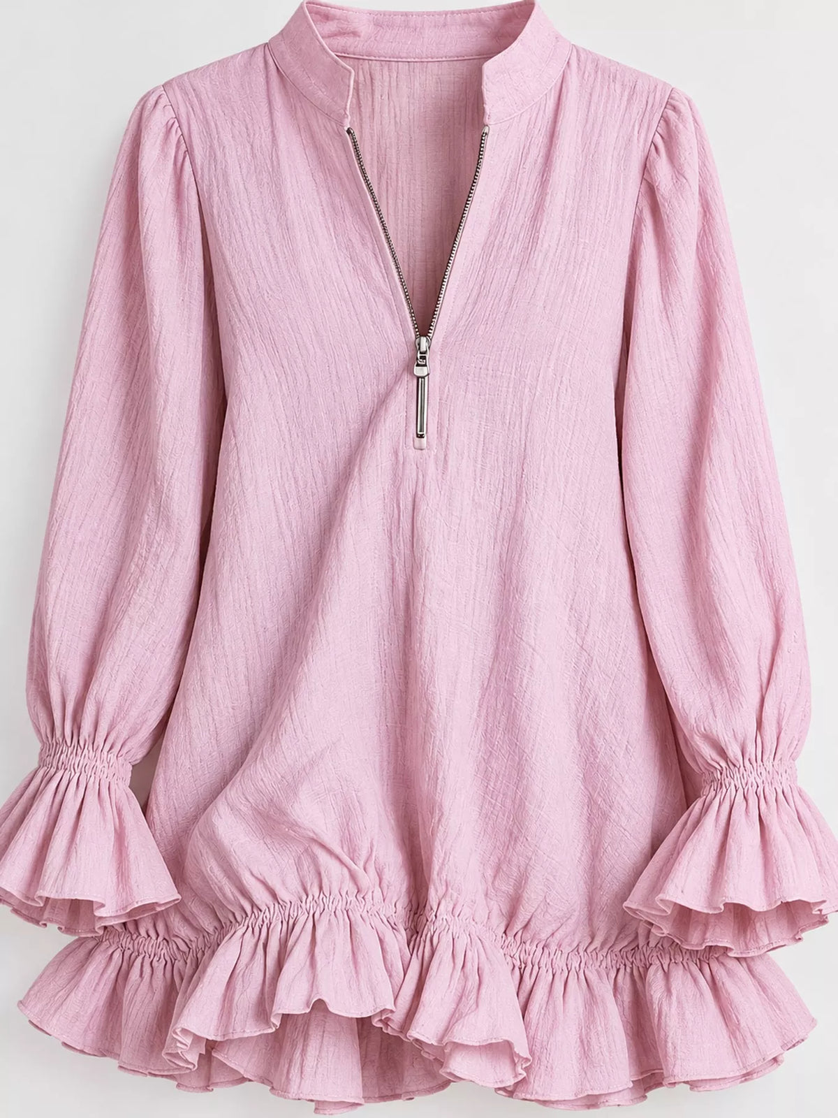 Zipper-Front Ruffle Hem Mini Dress