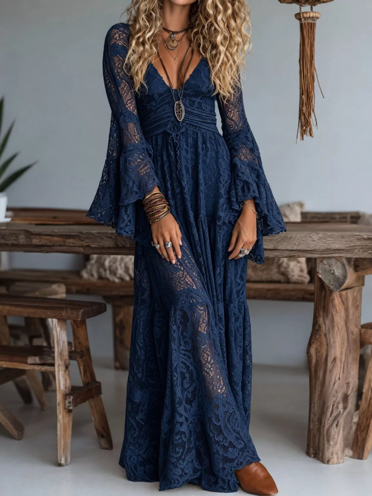 V-Neck Lace Flare Sleeve Maxi Dress