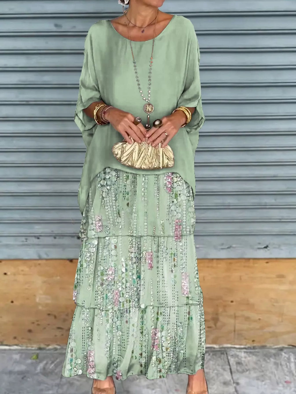 Full Size Layered Batwing Sleeve Maxi Dress Plus Size