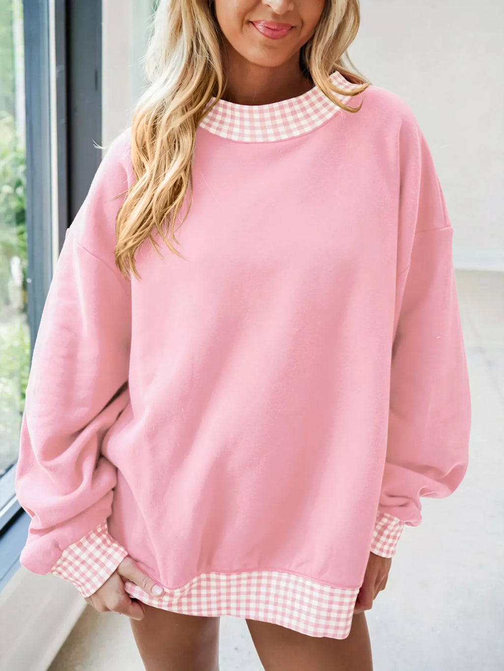 Gingham Trim Dropped Shoulder Sweatshirt
