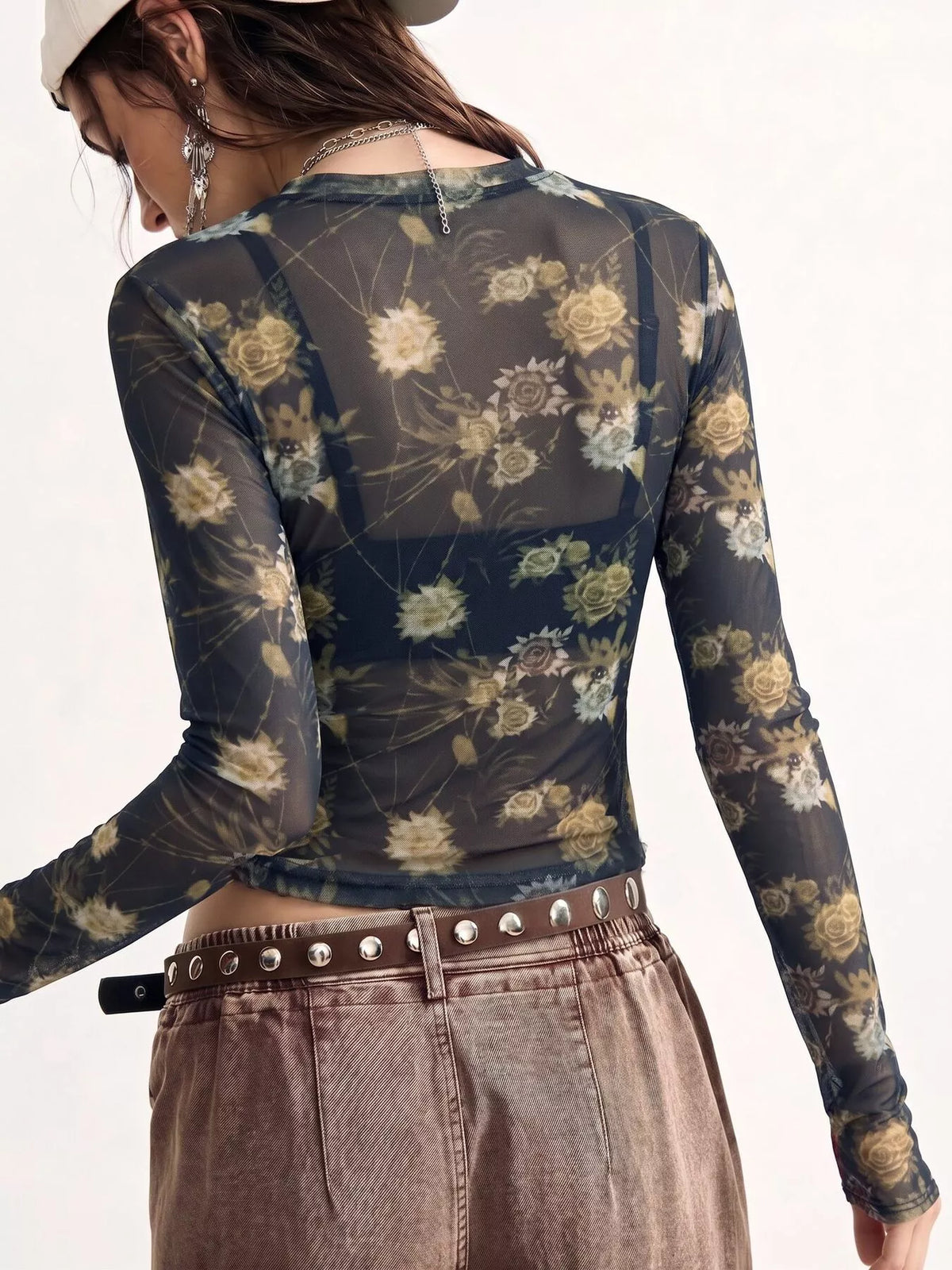 Floral Print Sheer Mesh Long Sleeve T-Shirt