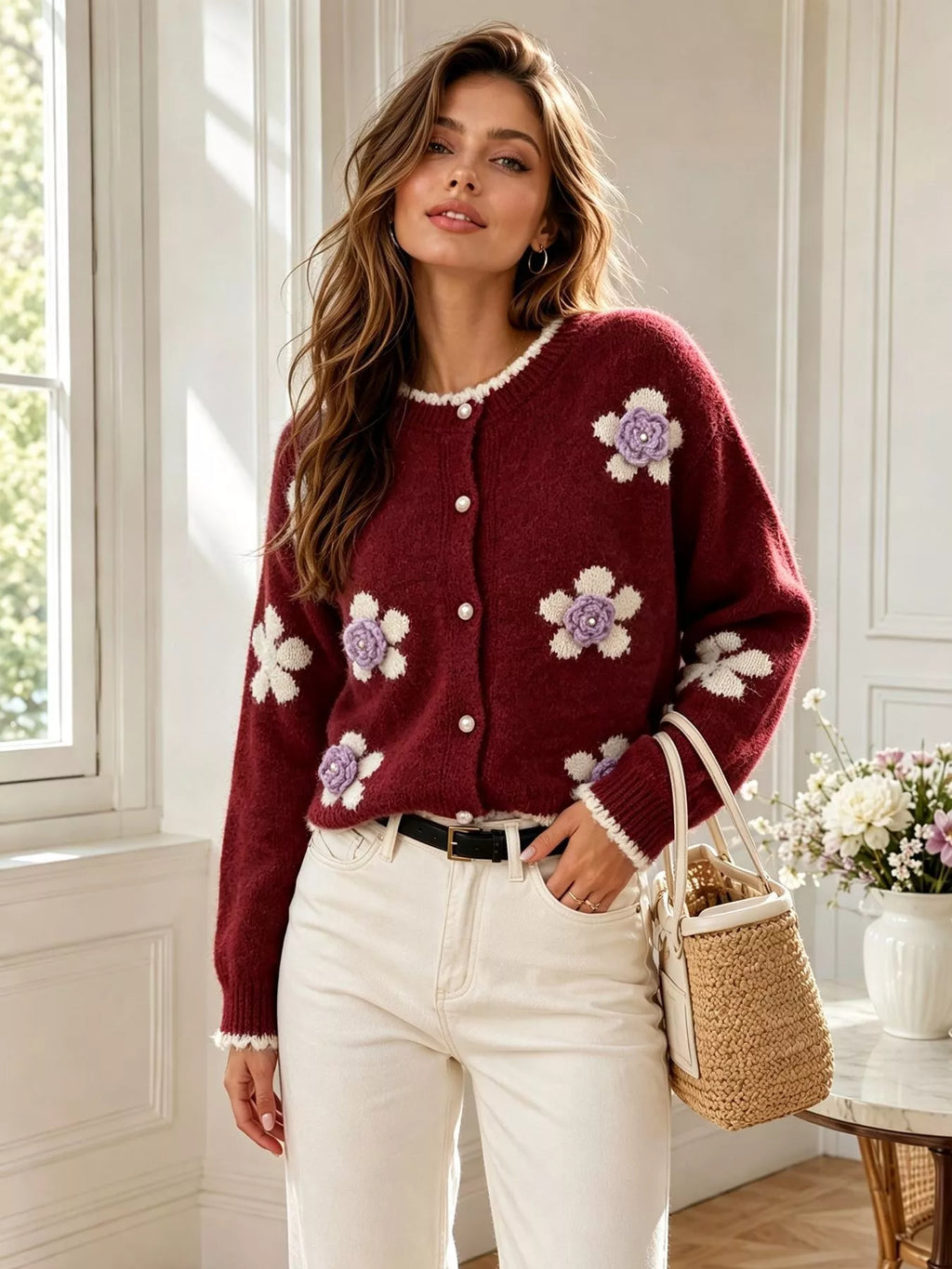 Floral Applique Button-Down Knit Cardigan